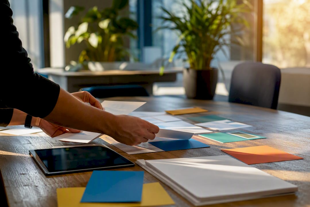 Hands sorting chatbot lead handoff materials