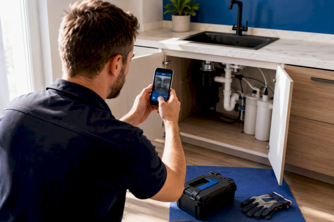 Technician photographing completed service work