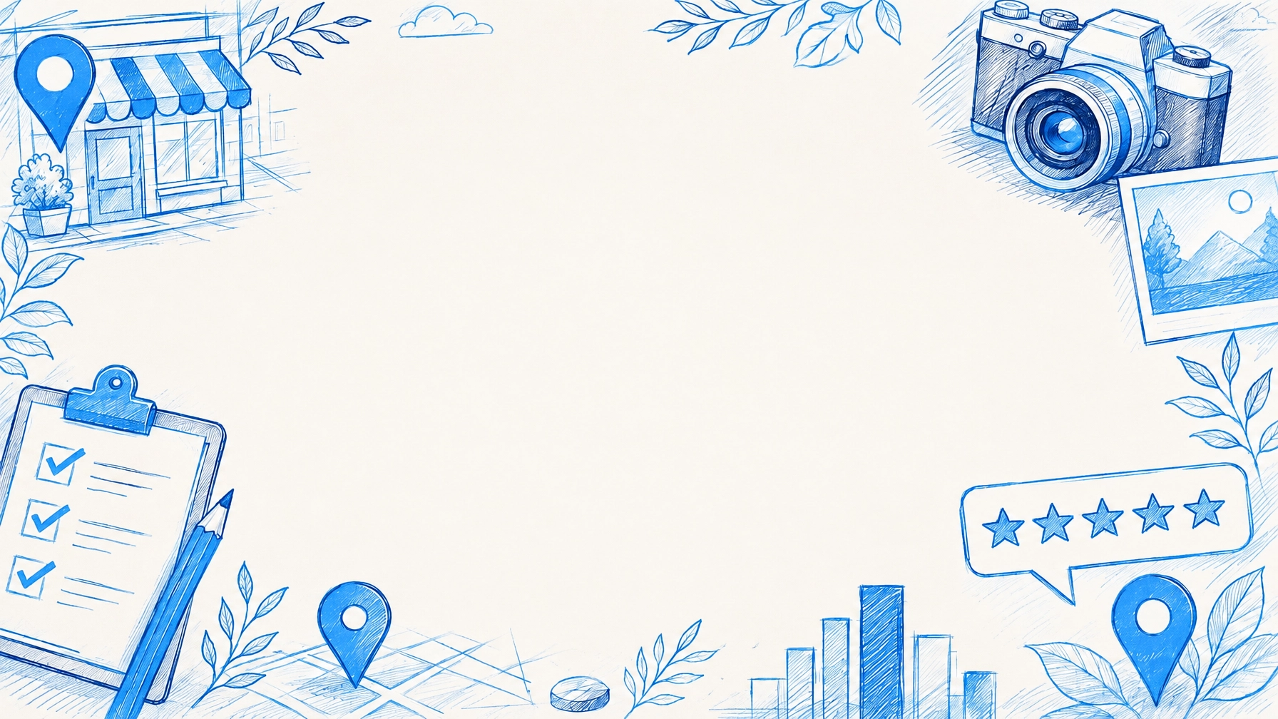 Local business profile illustration with storefront, map pins, and checklist