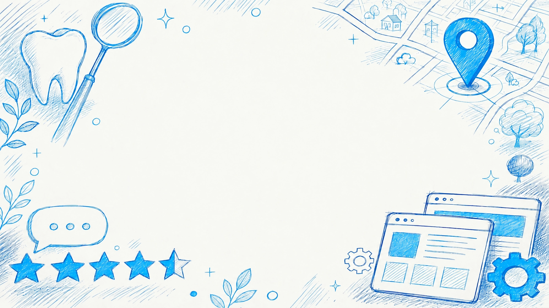 Dental SEO illustration with a tooth, map pin, and star ratings