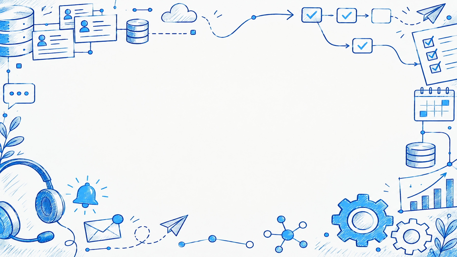 CRM workflow illustration with connected forms, calendar, and messaging icons
