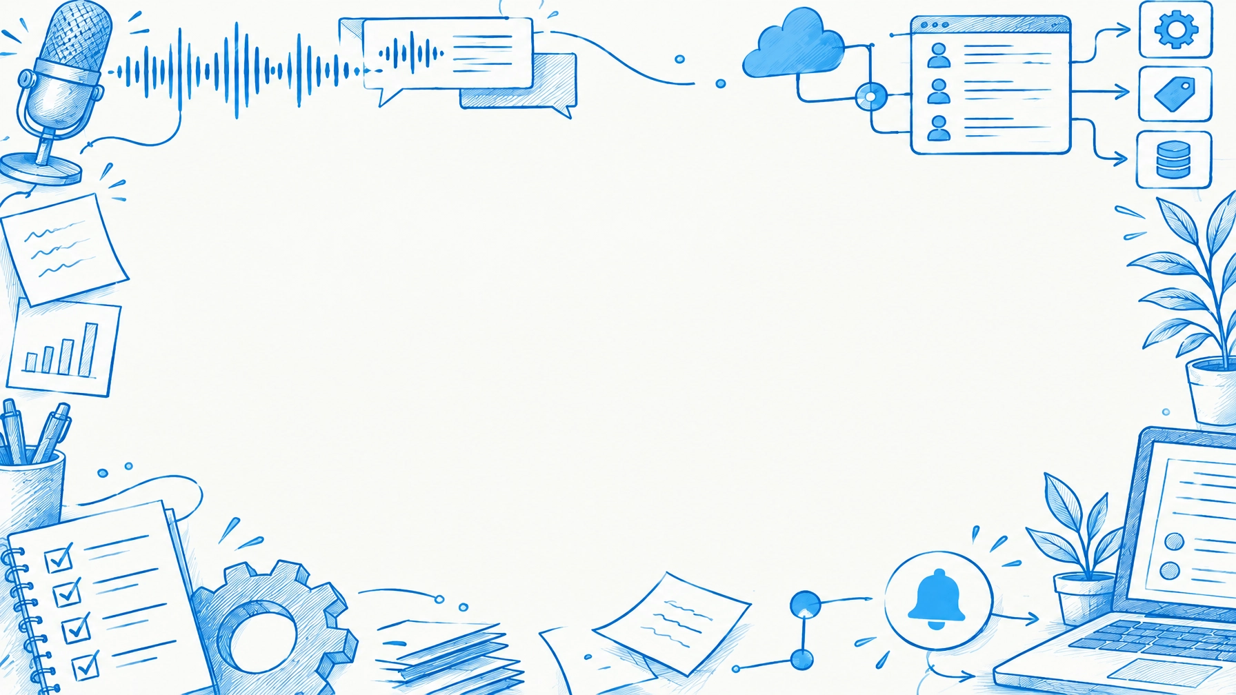 AI call transcription illustration with microphone, sound waves, and CRM workflow