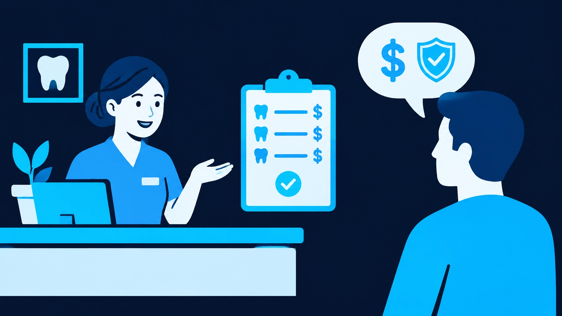 Dental front desk conversation about insurance coverage and first-visit cost, flat vector in brand blues
