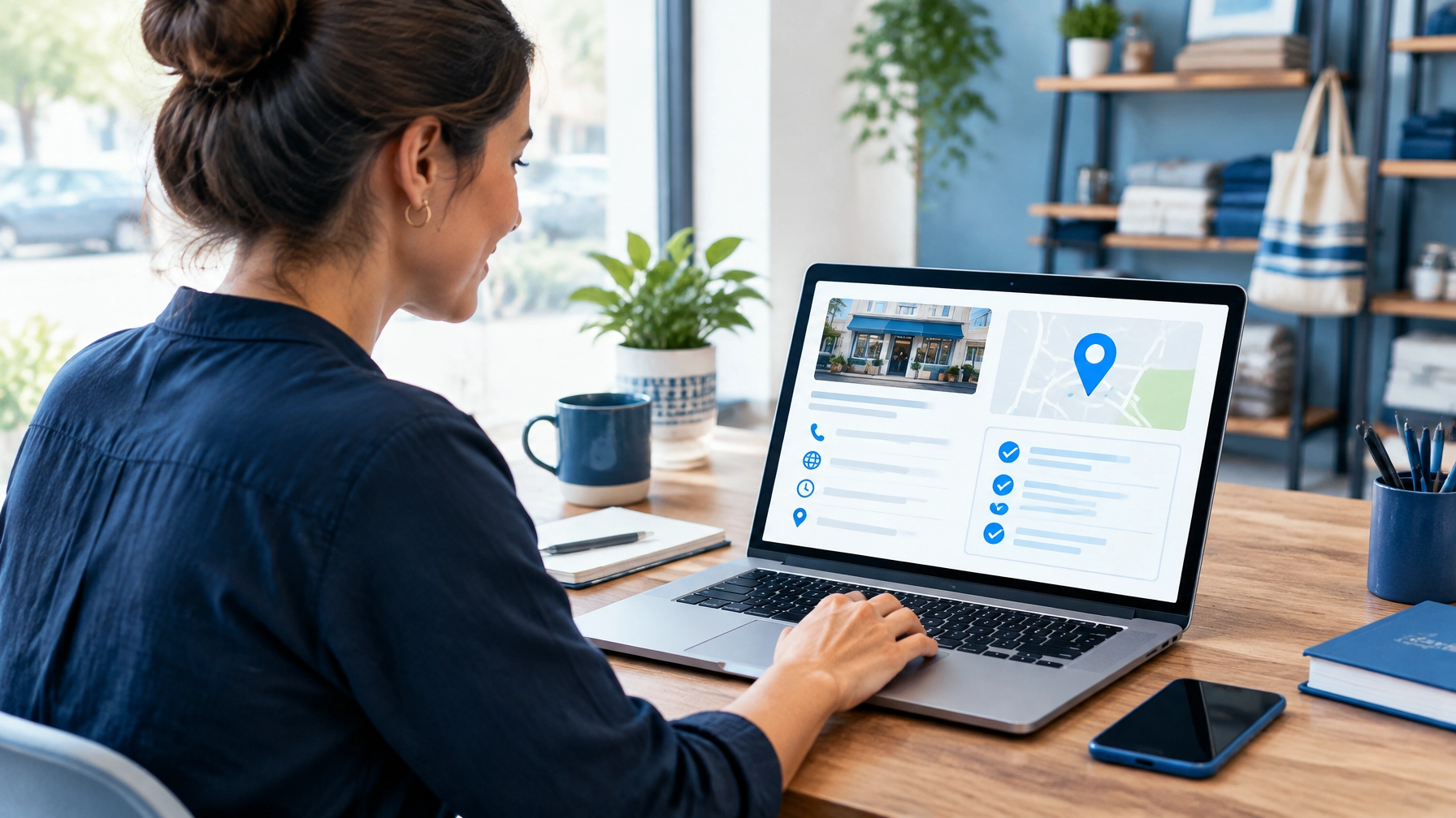 Small business owner reviewing their local business information online